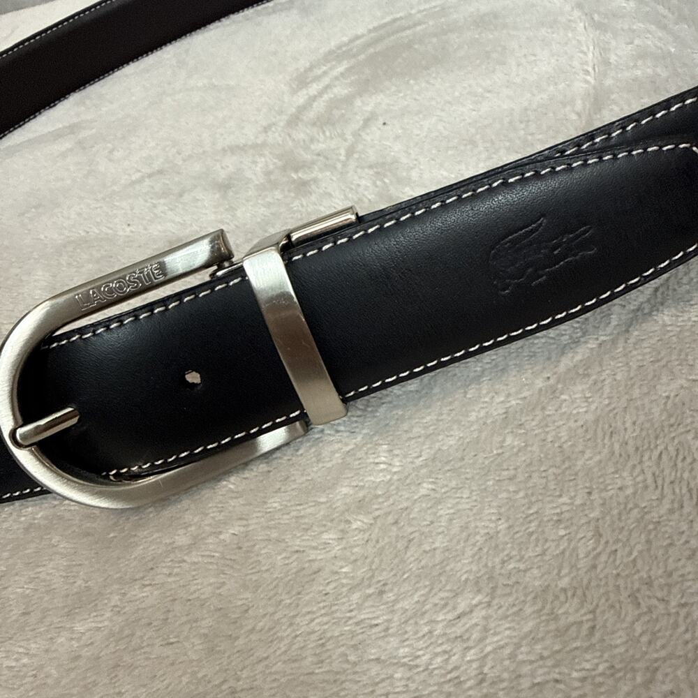 Lacoste Men's Black Leather Belt Size 42 Adjustable Silver Buckle Logo Lknu